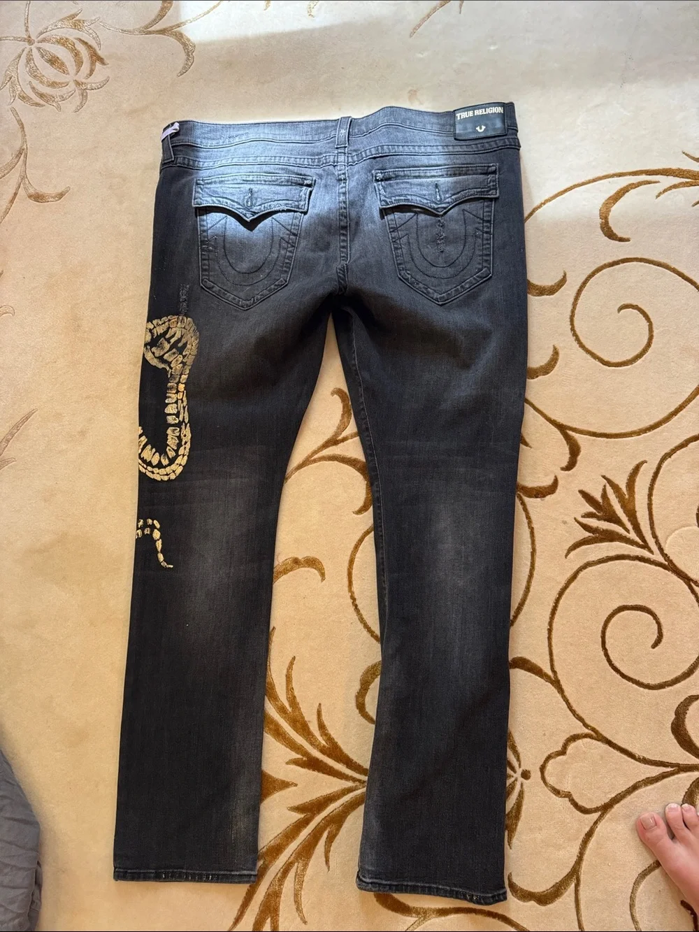 True Religion Black Slim Jeans with Gold Snake Motif